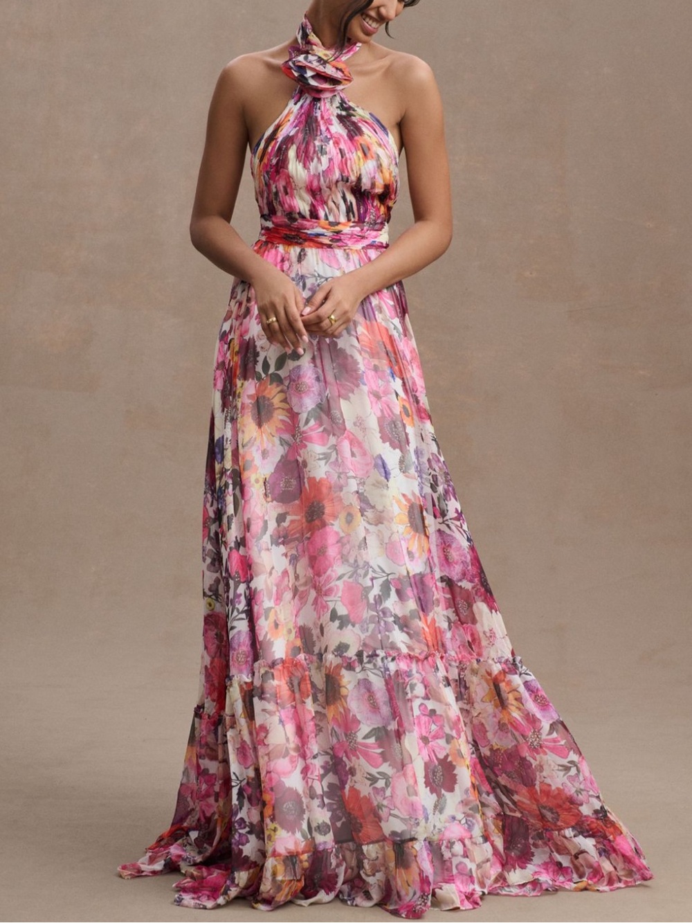 Mac Duggal Asymmetrical Ruffled Halter Floral Gown Multi Size 4 Formal Dress